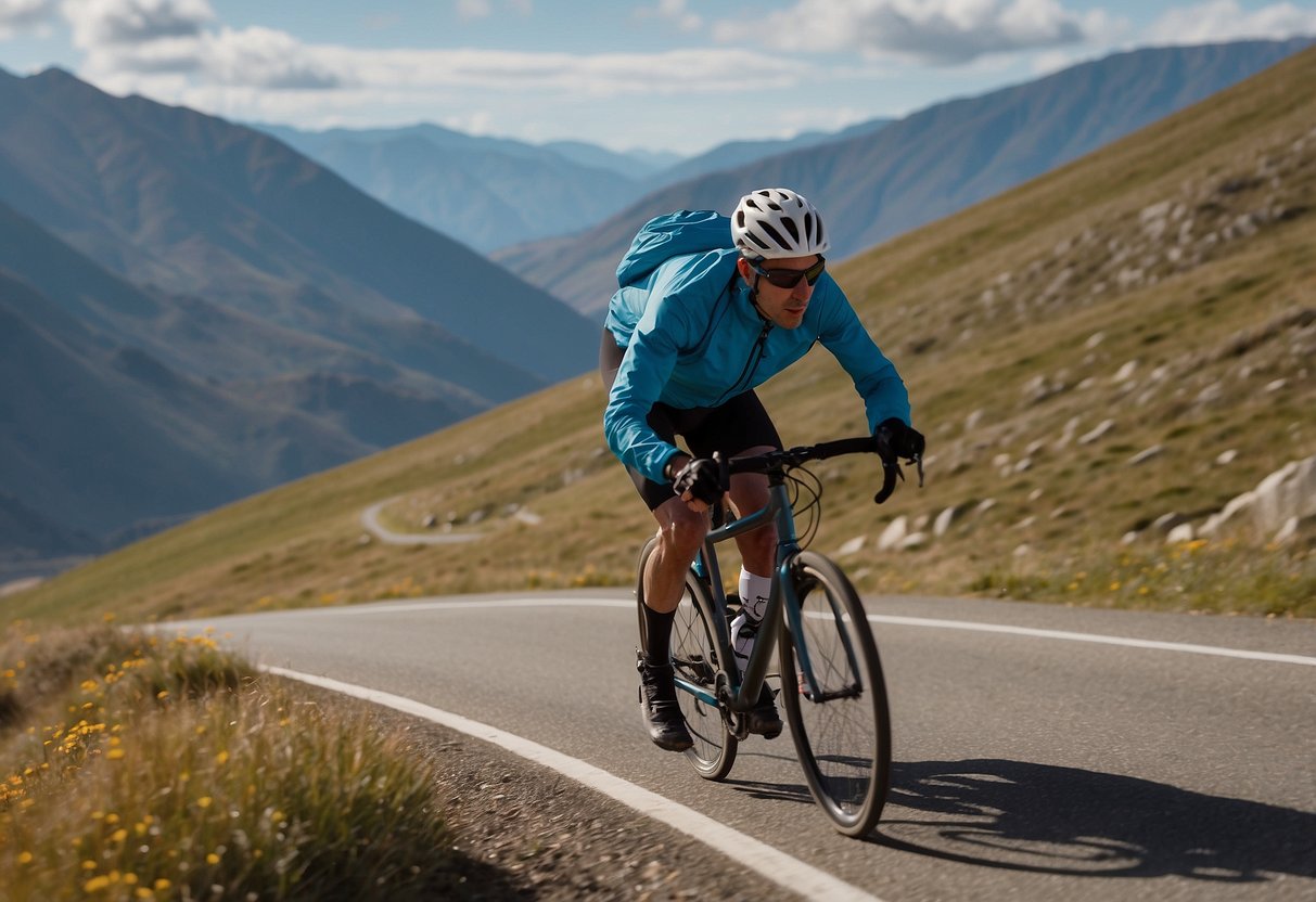 A cyclist rides through a windy, mountainous landscape wearing The North Face Cyclone Jacket. The lightweight jacket flaps in the wind as the cyclist speeds down the road