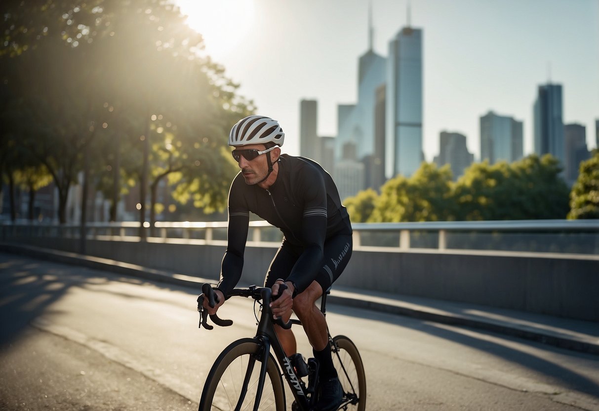 A cyclist wearing a Rapha Lightweight Commuter Jacket rides through a city with a sleek, modern skyline in the background. The jacket's reflective details catch the sunlight, and the cyclist looks confident and comfortable as they navigate the urban landscape