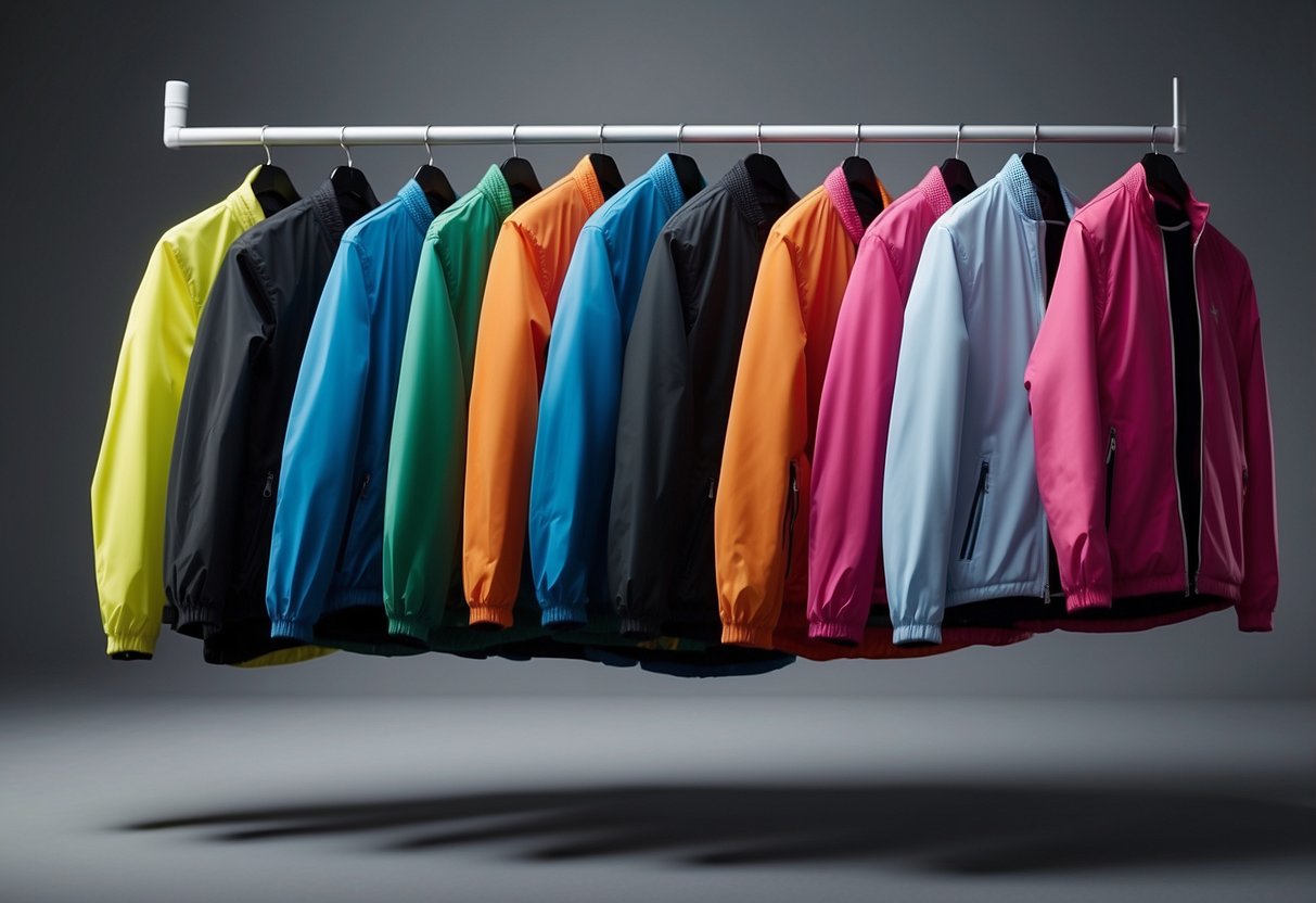 The scene depicts five different lightweight biking jackets laid out on a table, each made from a variety of materials such as nylon, polyester, and spandex. The jackets come in different colors and feature reflective details for safety