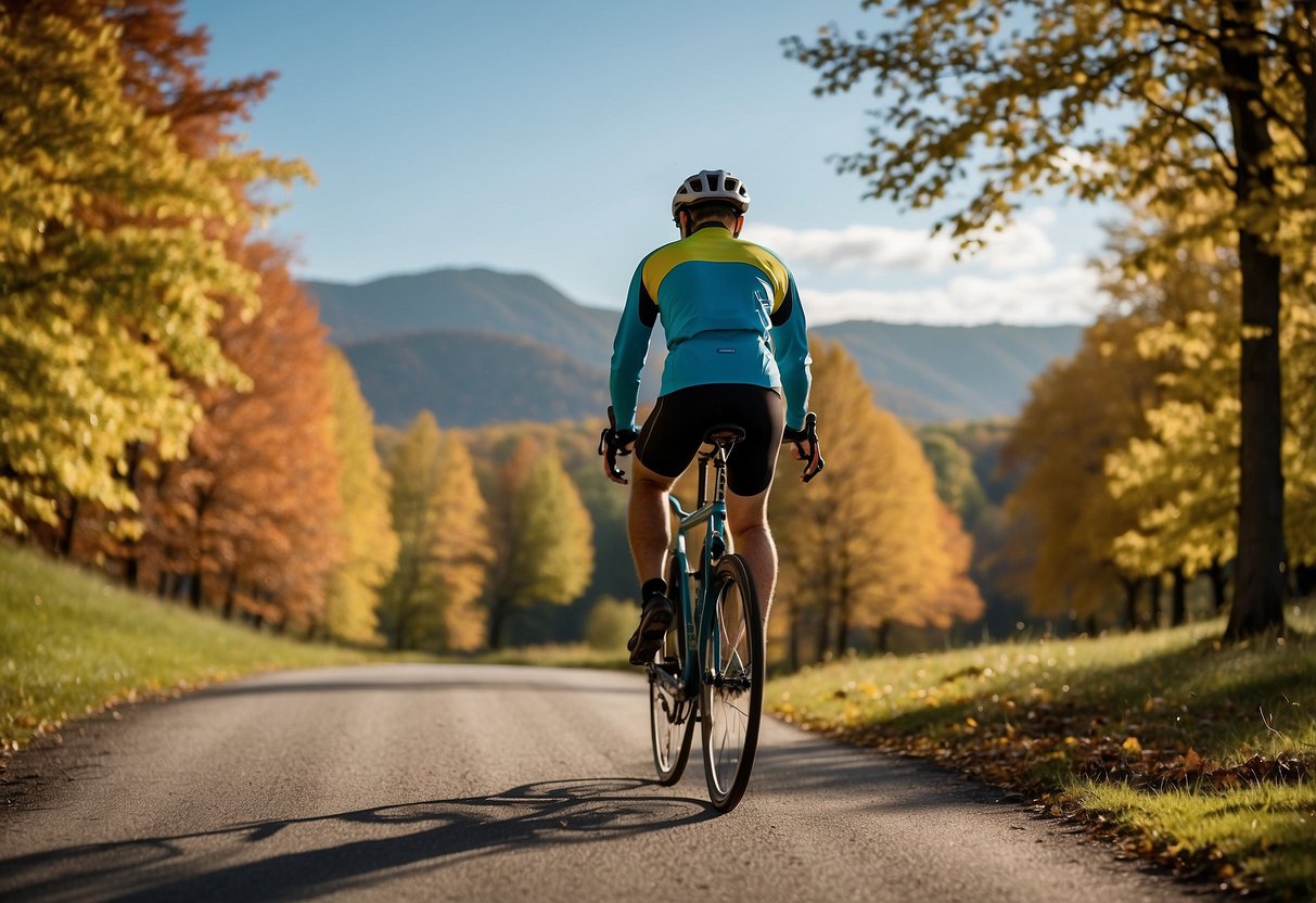 A cyclist rides through a scenic countryside, wearing a lightweight biking jacket. The vibrant colors of the changing leaves and the clear blue sky convey the seasonal considerations for an enjoyable ride