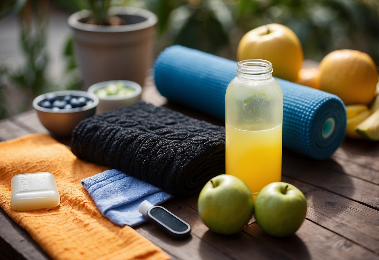 A cyclist's water bottle and towel sit next to a foam roller and yoga mat, surrounded by a protein shake, fruit, and a recovery drink