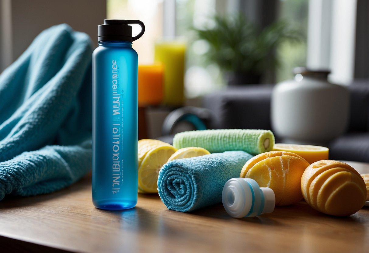 A water bottle with electrolyte-infused water sits on a table, surrounded by post-ride recovery items such as a towel, foam roller, and protein bar