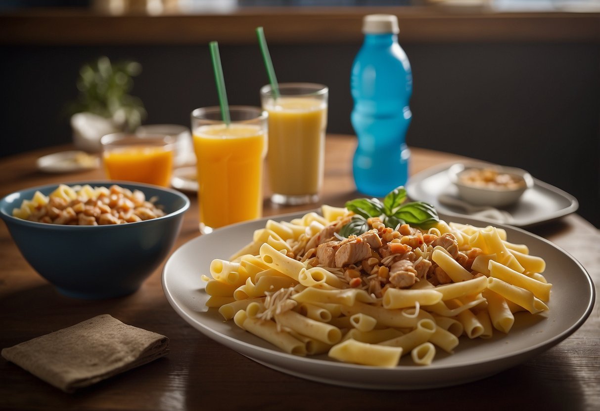 A table with a plate of pasta and a bowl of chicken, surrounded by sports drinks and protein bars