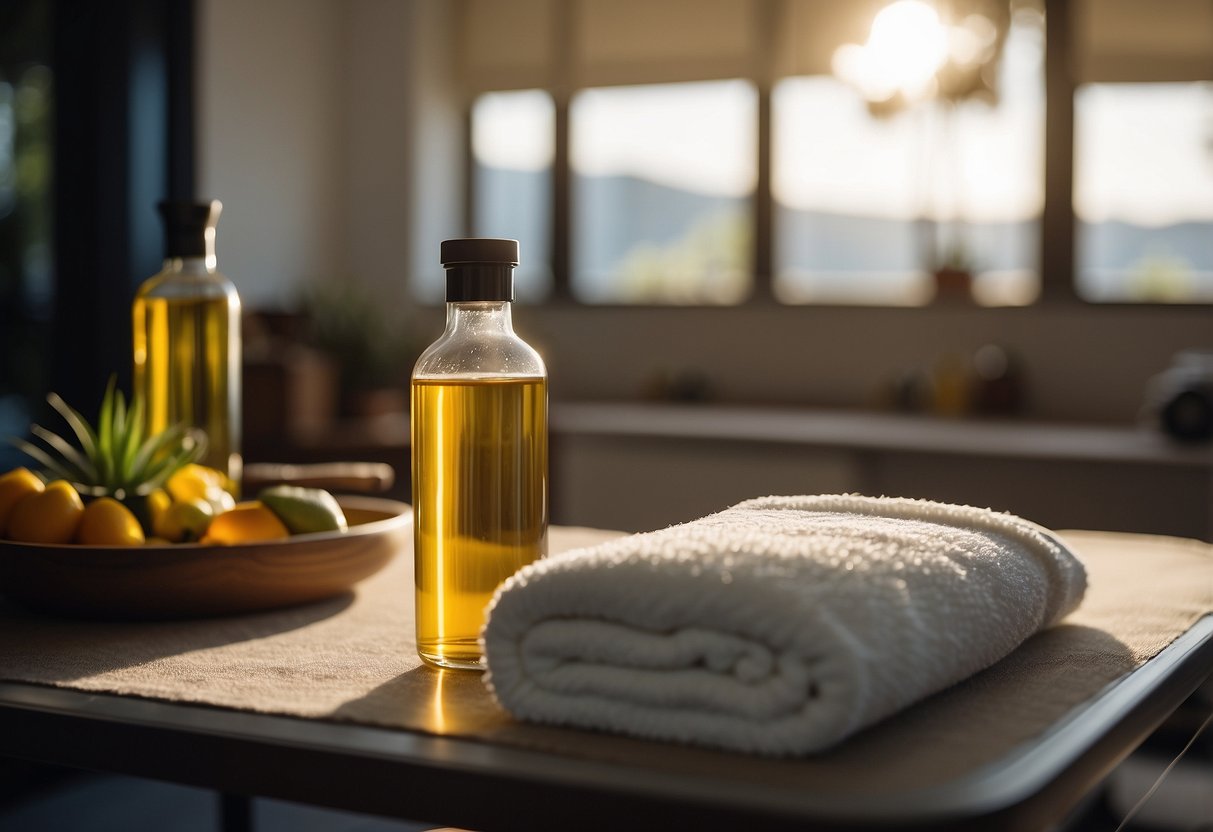 A cyclist lying on a massage table, receiving a sports massage. A bottle of massage oil, towels, and soothing music in the background