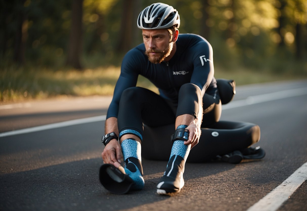 A cyclist in compression gear sits with recovery drink. Legs elevated, they apply ice packs. A foam roller and stretching mat are nearby