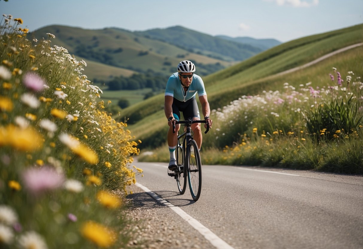 A cyclist riding through scenic countryside, with rolling hills and a clear blue sky. They are surrounded by lush greenery and vibrant wildflowers, with a winding road stretching out ahead of them