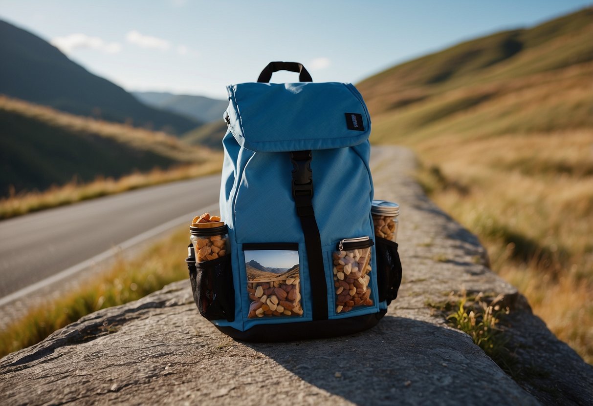 A cyclist's backpack filled with energy bars, nuts, and dried fruit. A scenic road stretching into the distance, with rolling hills and a clear blue sky