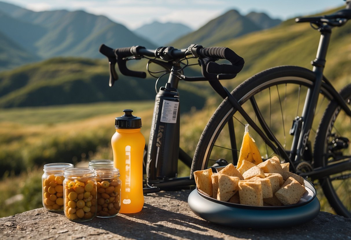 A cyclist taking a break, surrounded by scenic views and nature. A water bottle and snacks are placed nearby, showing preparation for a long ride