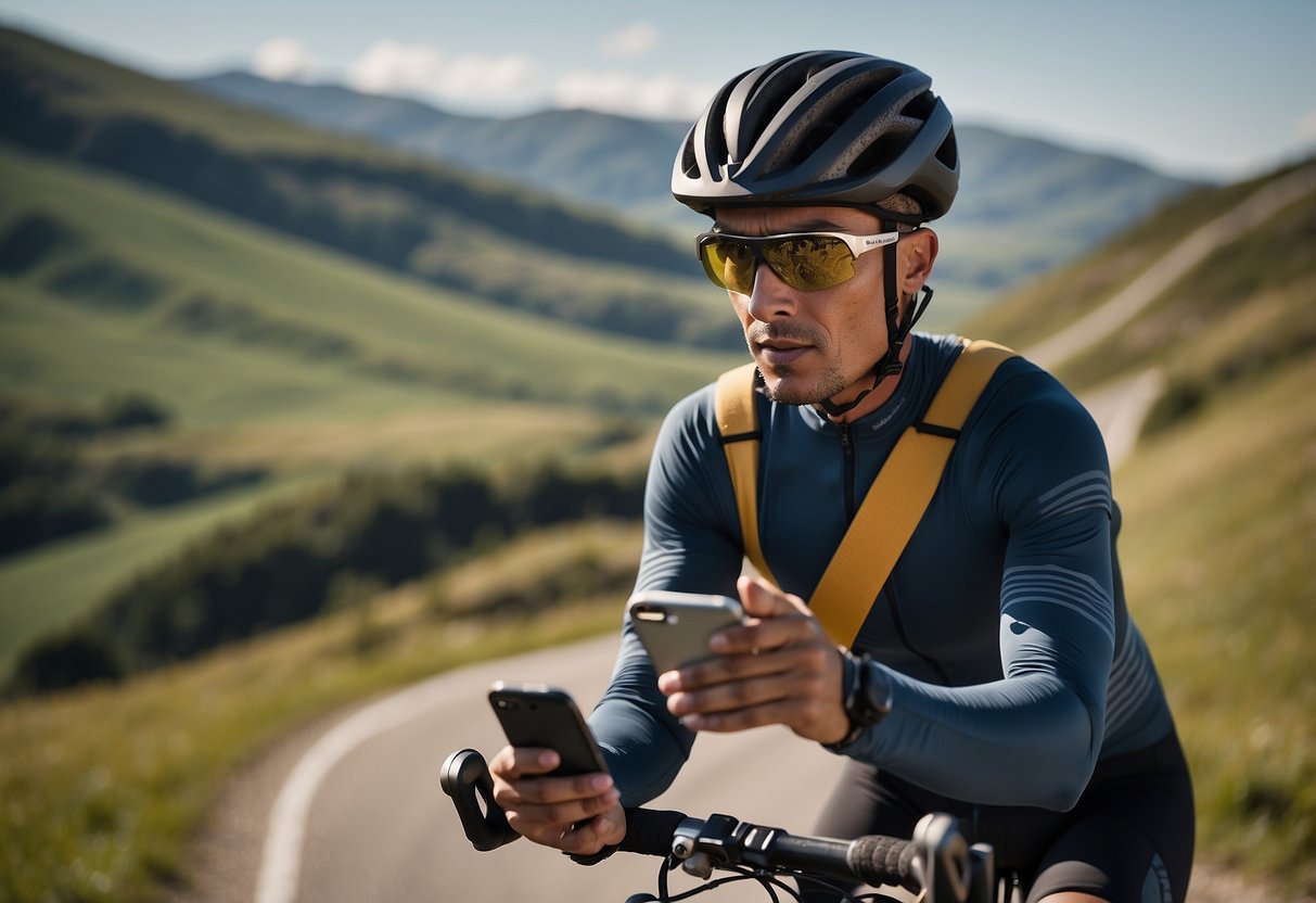 A cyclist using a smartphone with a map app open, riding along a scenic route with rolling hills and a clear blue sky, staying motivated with headphones in and a determined expression