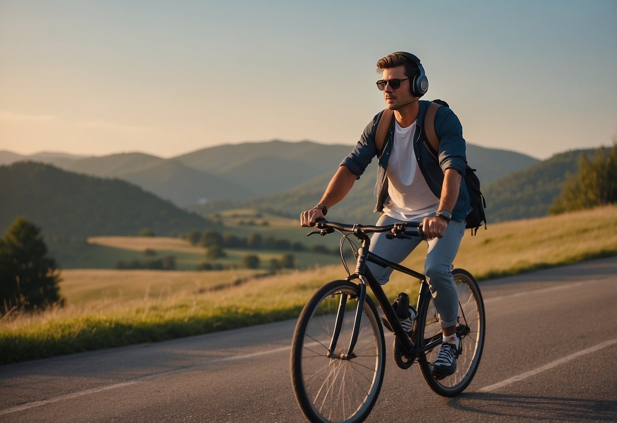 A person listens to a motivational podcast while riding a bike through a scenic landscape, with headphones on and a determined expression