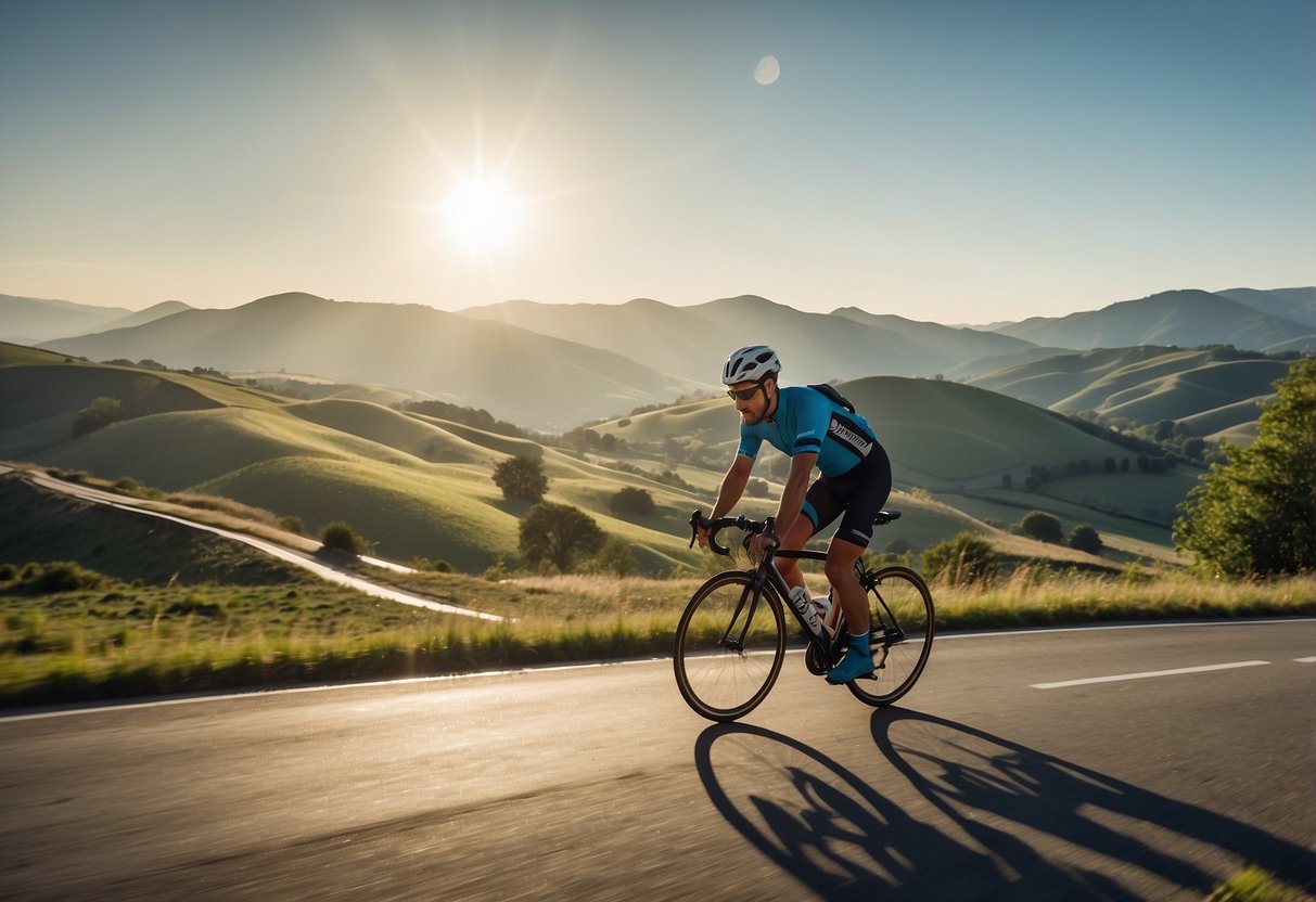 A cyclist pedaling through scenic countryside, with rolling hills and a winding road stretching into the distance. The sun is shining, and the sky is a bright blue, creating a serene and peaceful atmosphere