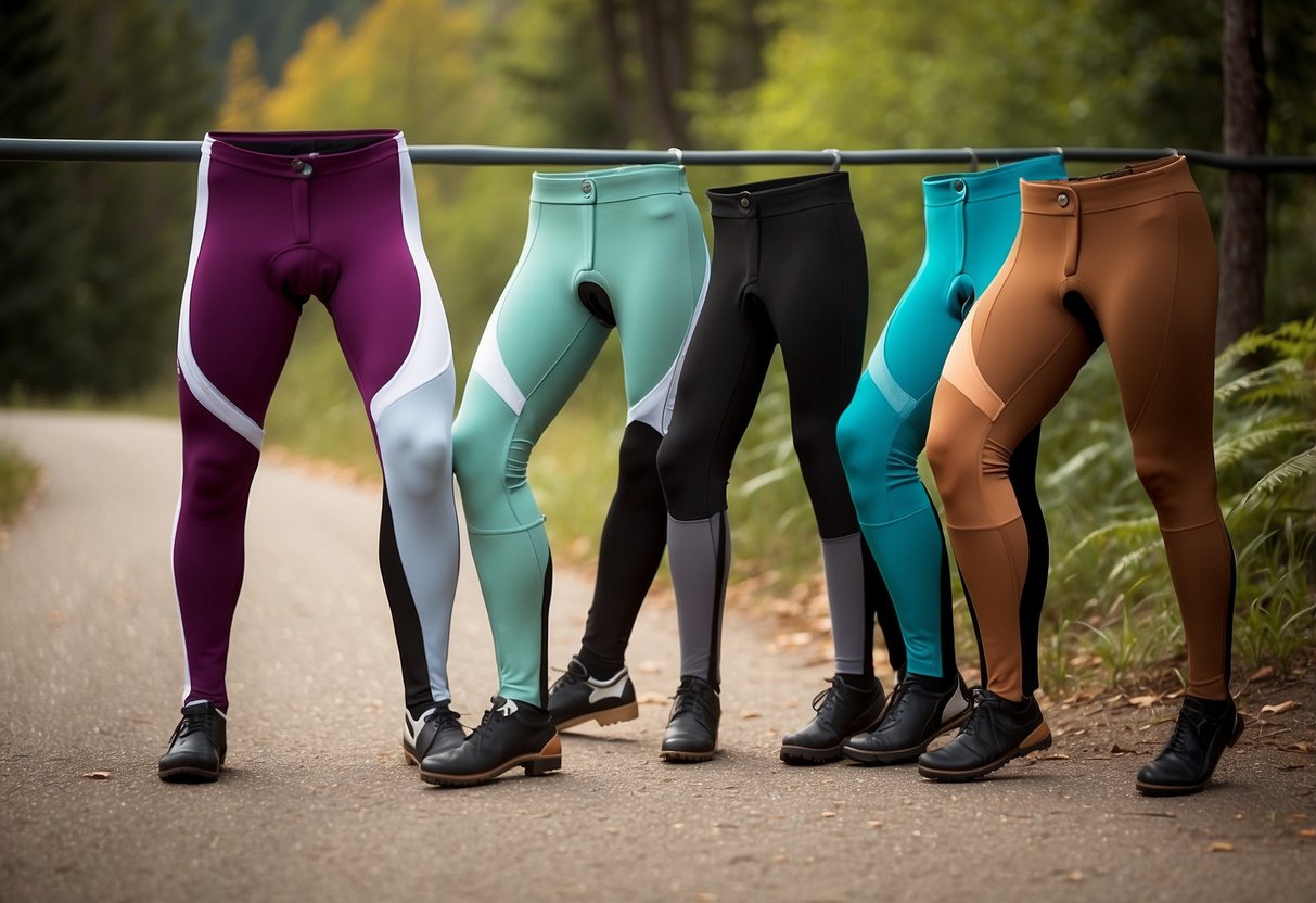 A lineup of five sleek biking breeches, each in a different color, neatly displayed on a wooden rack against a backdrop of a scenic cycling route