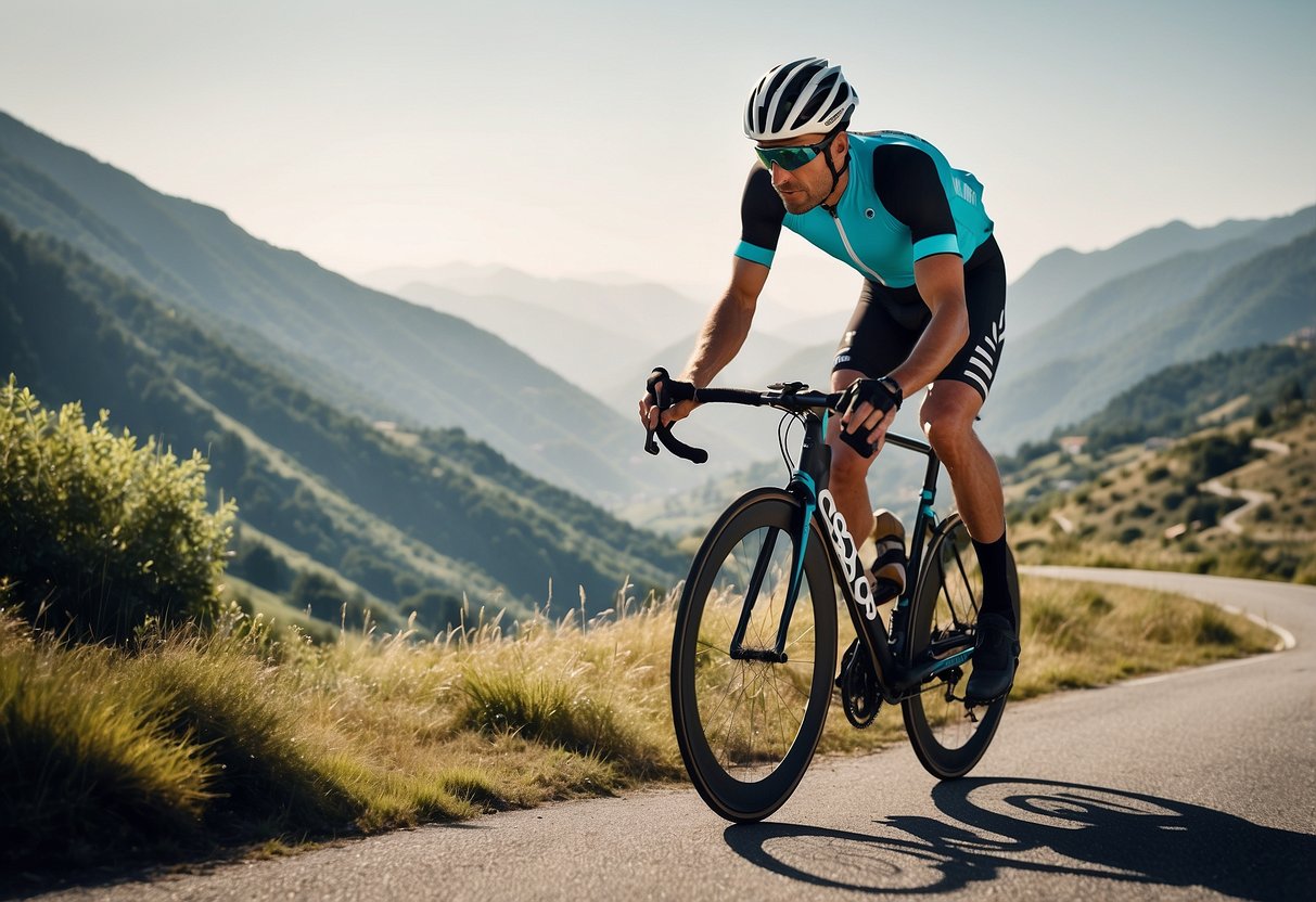 A cyclist wearing ASSOS Cento Evo Bib Shorts rides through a scenic mountain landscape, with winding roads and lush greenery, under a clear blue sky