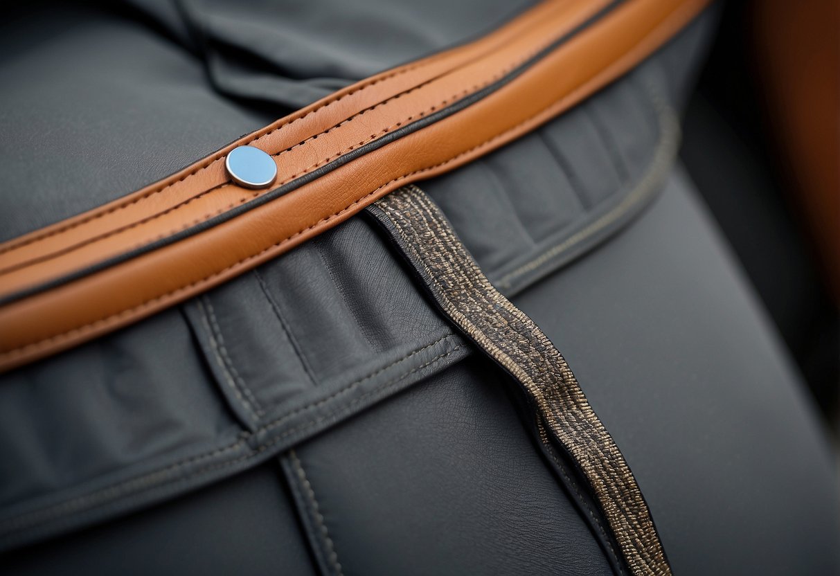 A close-up of durable, reinforced stitching on the seat and knees of biking breeches, with moisture-wicking fabric and secure waistband