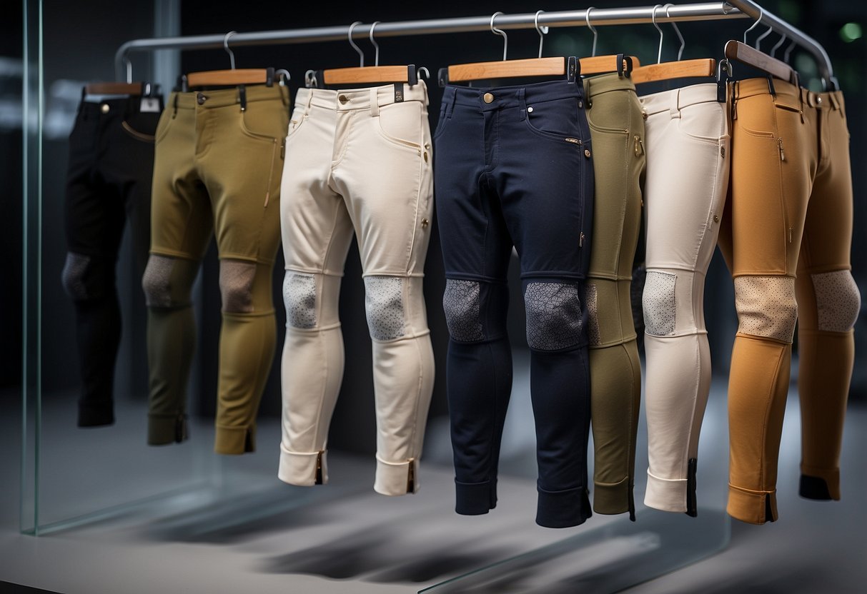 A display of 5 different styles of biking breeches, each with unique features and designs. The breeches are arranged neatly on a rack, with labels indicating their key benefits