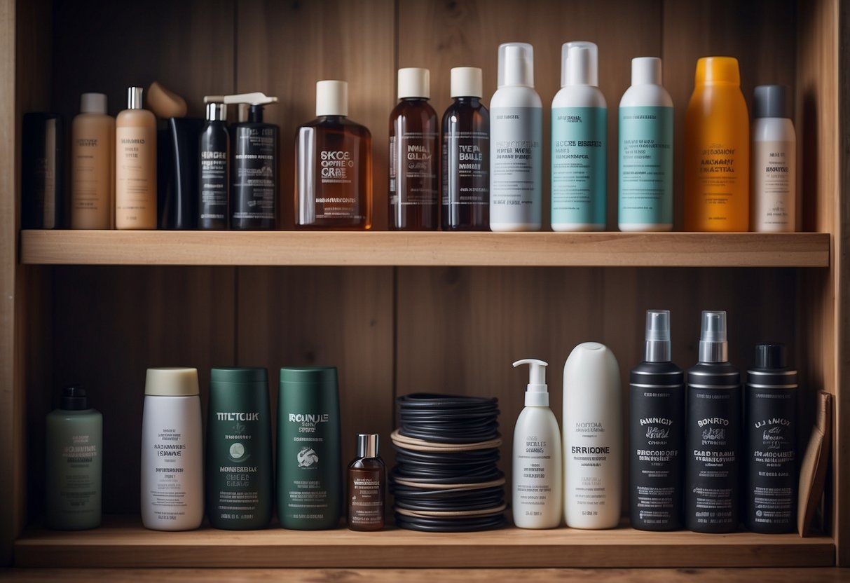 A stack of neatly folded biking breeches on a wooden shelf, surrounded by various maintenance and care products such as detergents, brushes, and waterproofing sprays