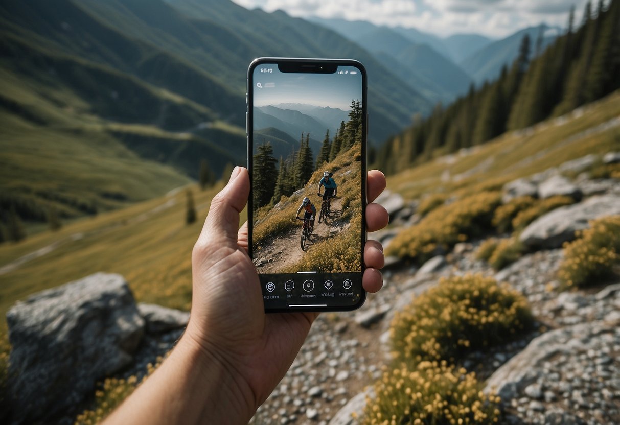 A mountain biker navigates rugged terrain with the ViewRanger app on a smartphone, surrounded by scenic mountains and lush forests