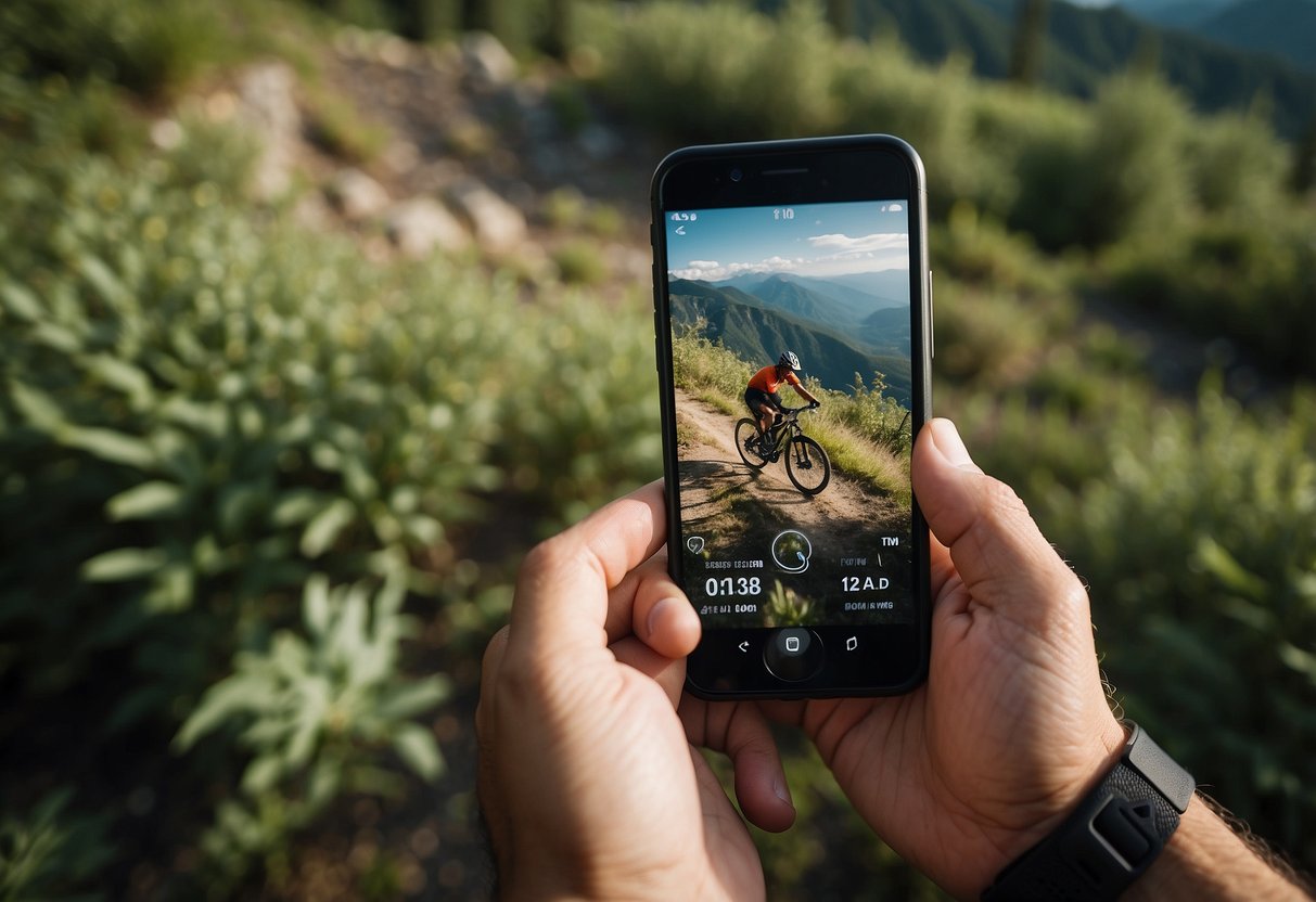 A mountain biker uses Garmin Connect app on a smartphone, surrounded by rugged terrain and lush greenery