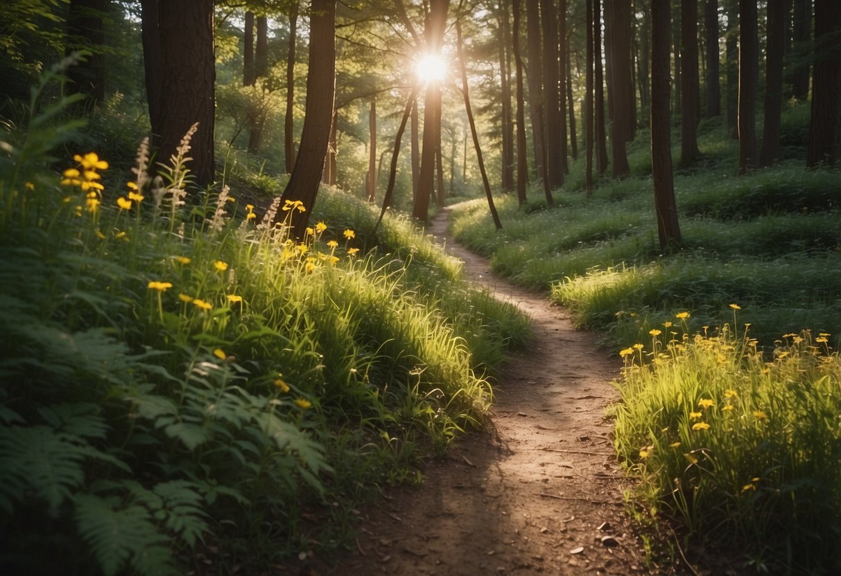 A winding trail through a lush forest, dappled sunlight filtering through the trees. A stream gurgles alongside, and colorful wildflowers line the path. A gentle incline leads to a breathtaking vista of rolling hills in the distance