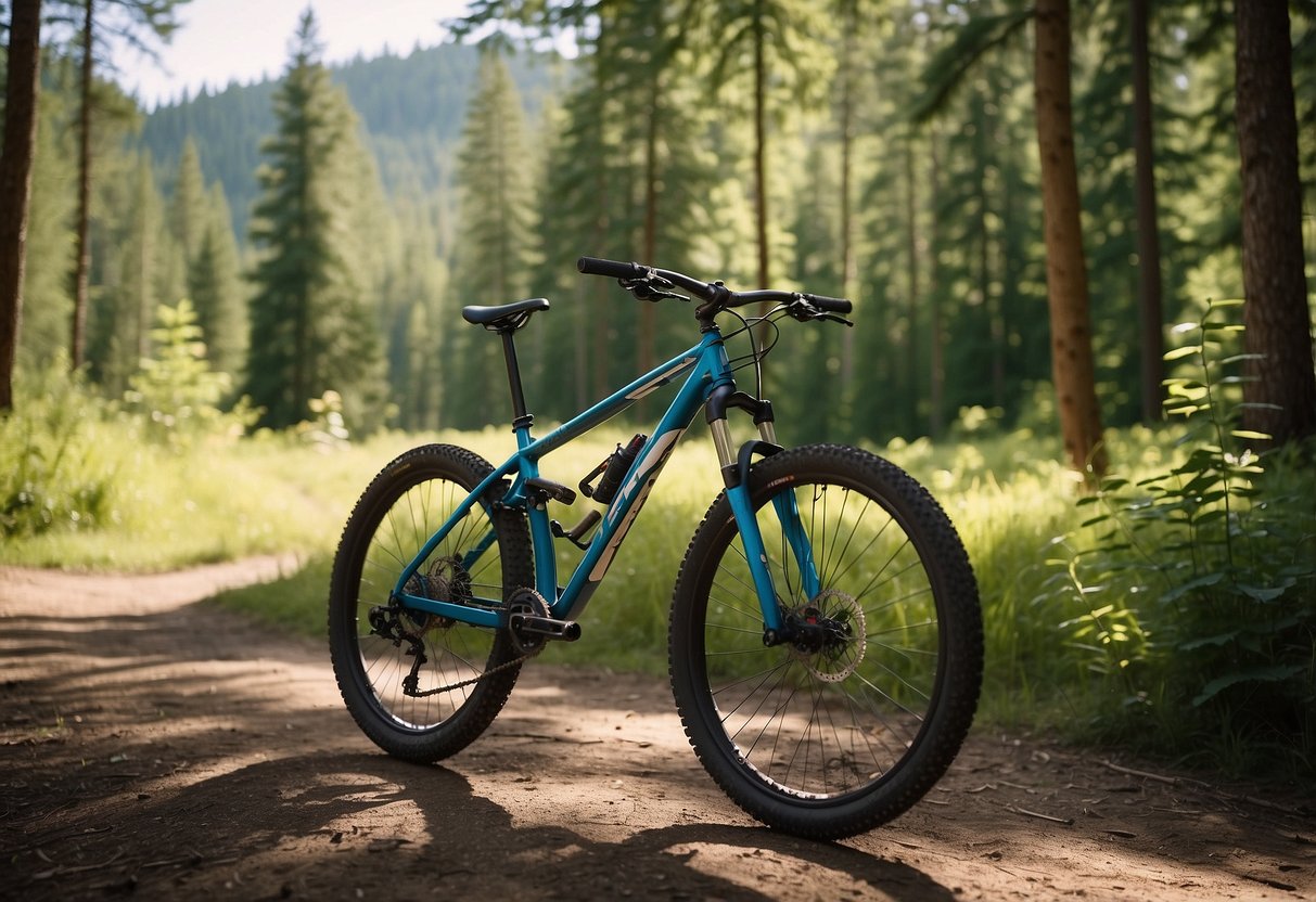 A mountain bike parked at the trailhead, surrounded by lush green trees and a clear blue sky. A signpost with trail markers stands nearby, pointing in different directions