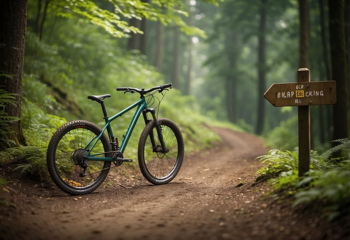 A mountain bike leans against a signpost for "Perfect Biking Trail" surrounded by lush trees and a winding path. Review quotes float in the air