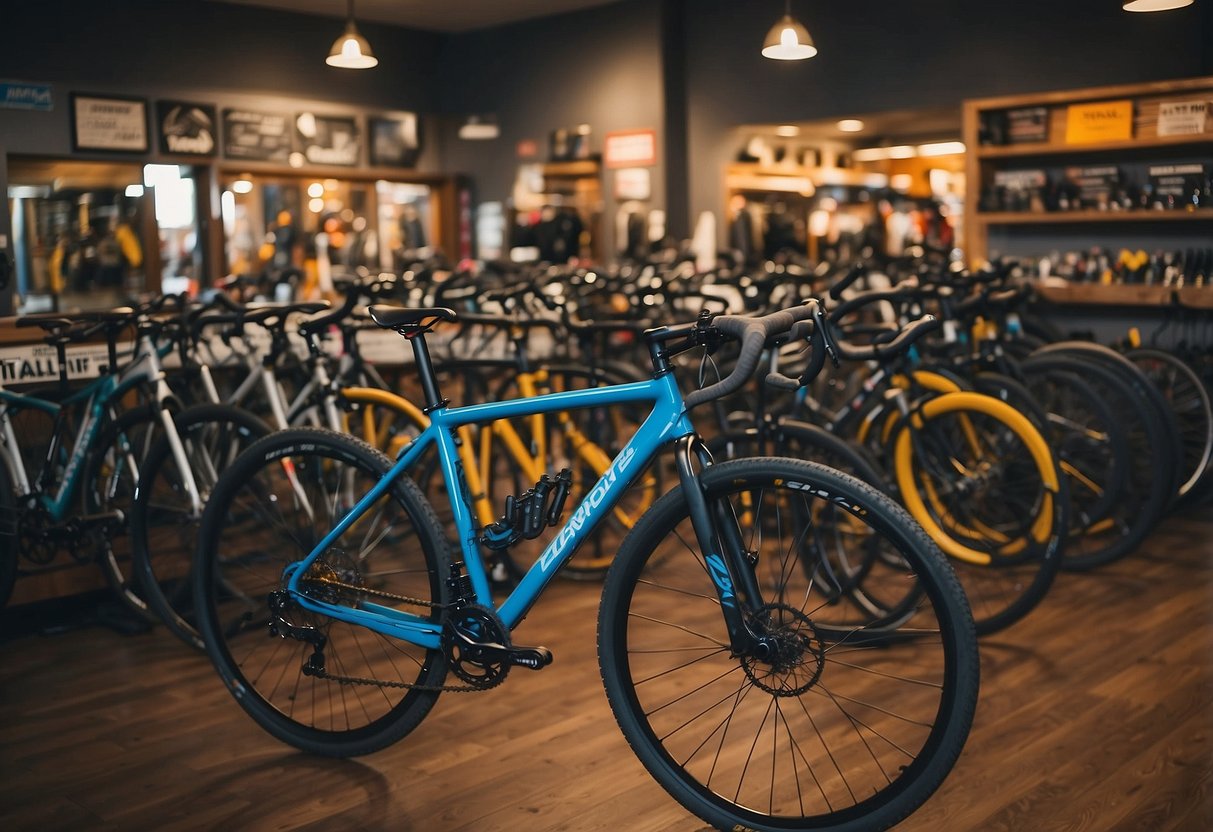 A bustling local biking shop with colorful displays and a variety of bikes. Maps and brochures for biking trails are prominently featured