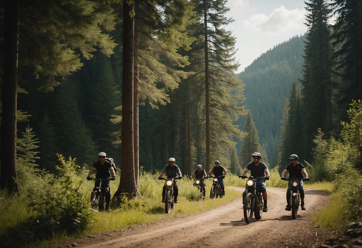 A group of bikers gather at a trailhead, surrounded by lush greenery and tall trees. The trail stretches out before them, winding through the landscape with a mix of challenging terrain and scenic views