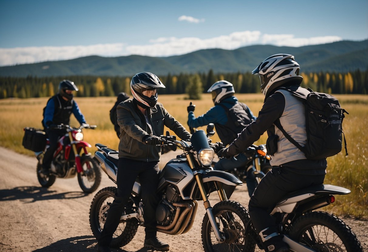 A group of experienced bikers sharing tips on social media, with images of scenic biking trails and maps