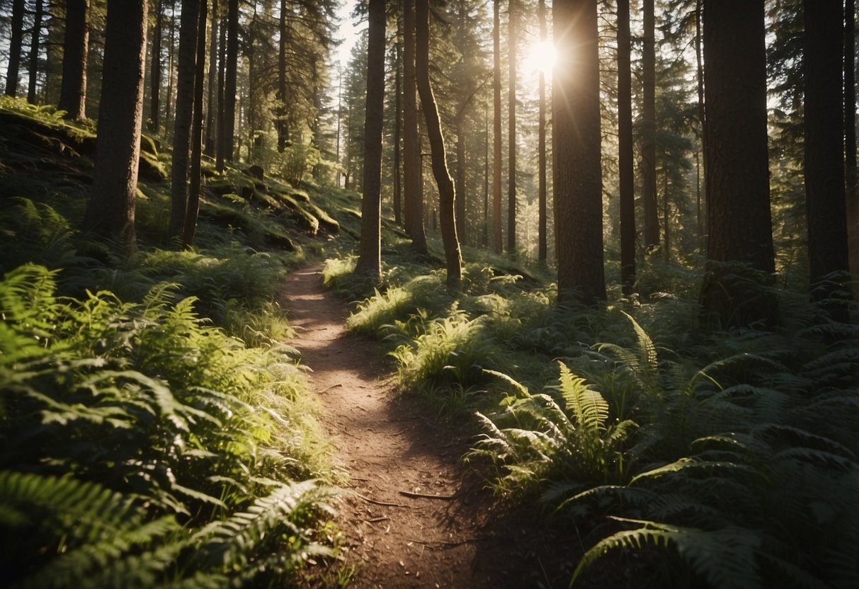 A winding mountain biking trail stretches through lush forest, with varying terrain and obstacles. Signage indicates different trail types, from beginner to advanced. Sunlight filters through the trees, casting dappled shadows on the path