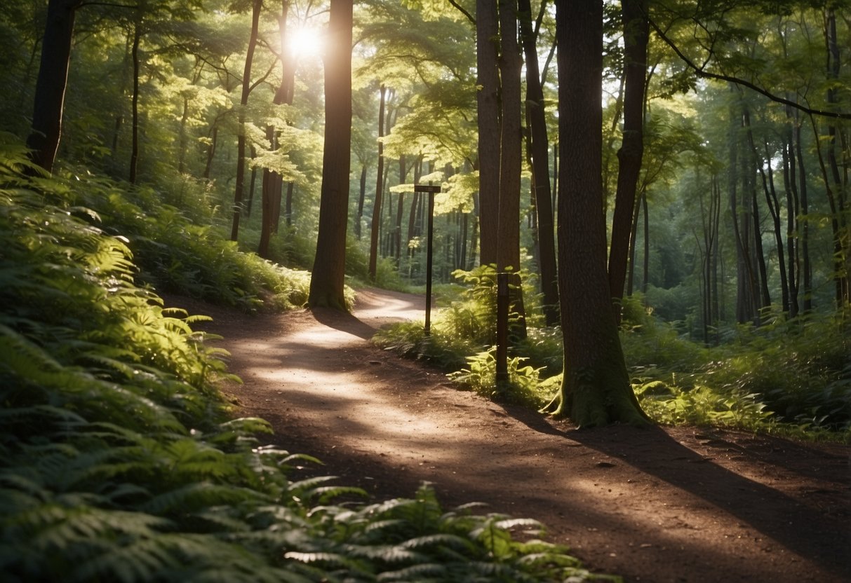 A winding biking trail cuts through a lush forest, with dappled sunlight filtering through the trees. A signpost at the trailhead offers safety tips