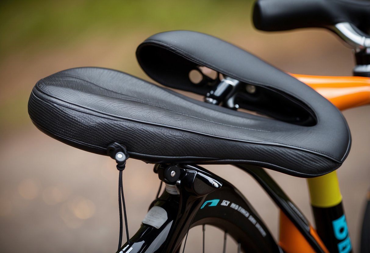 A sleek, lightweight Terry Butterfly Carbon Saddle sits atop a vibrant, sporty bike, ready for a woman cyclist to take on her next adventure