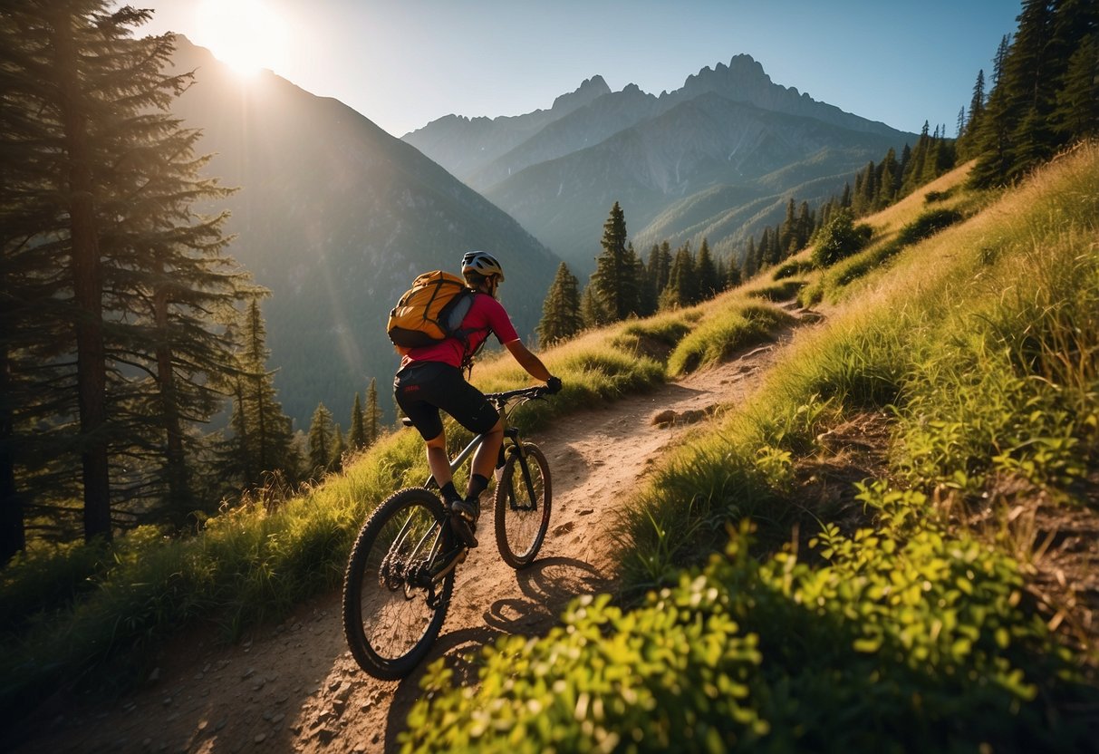 A mountain biker navigates a narrow trail, surrounded by lush greenery and towering peaks in the background. The sun casts a warm glow over the rugged terrain, creating a picturesque scene