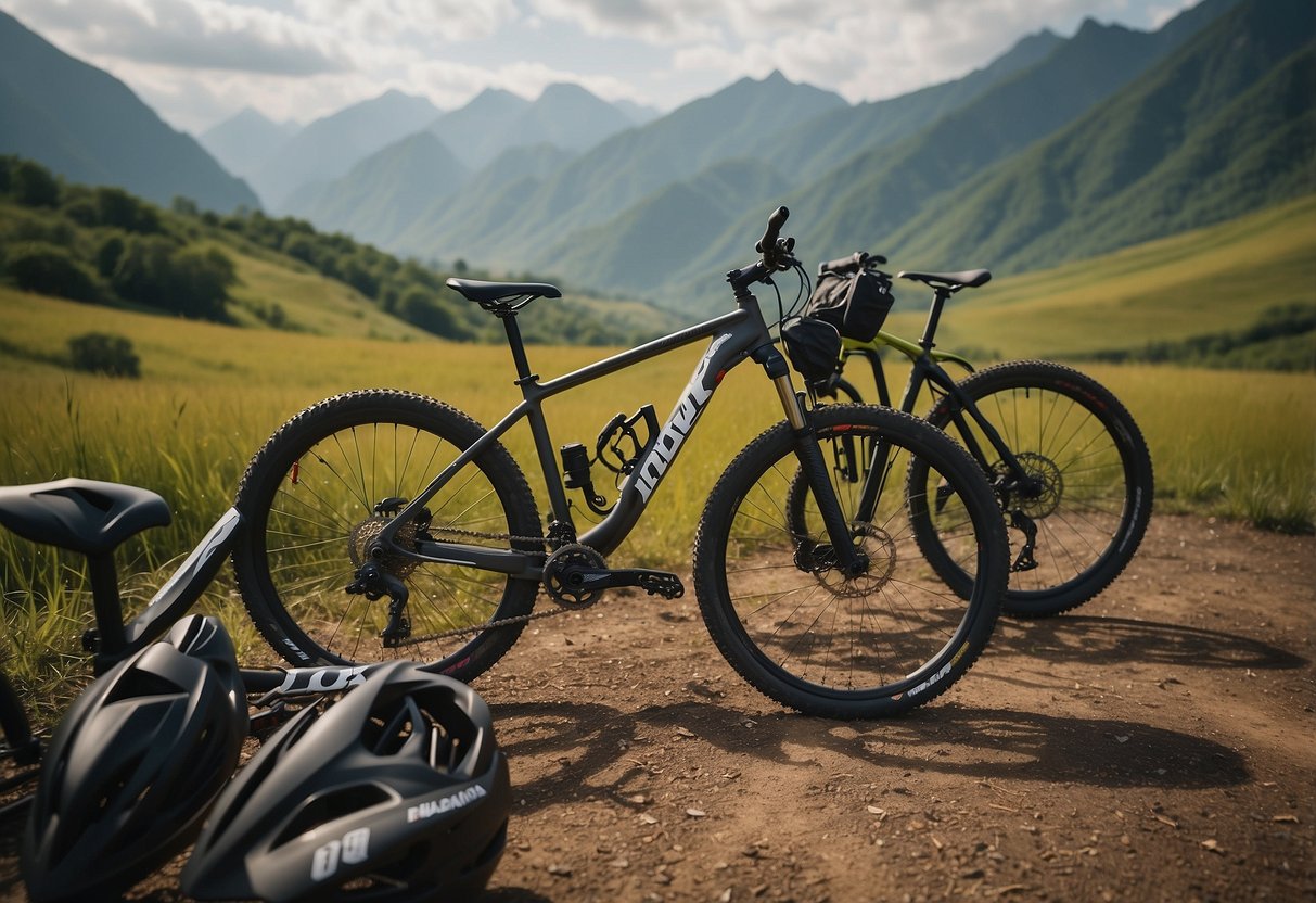 Mountain bikes lined up next to helmets and safety gear, with a backdrop of scenic Asian mountain landscapes