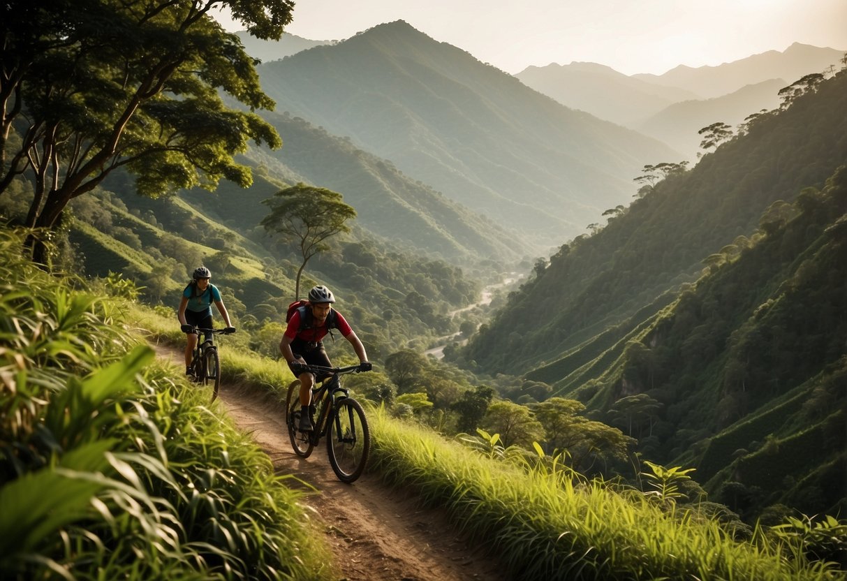 Mountain bikes traverse lush, rolling hills in Asia. Sunlight filters through dense foliage, casting dappled shadows on the trail. The winding path offers stunning views of mountains and valleys