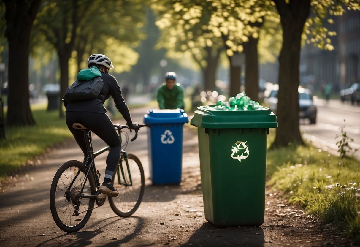 A cyclist tosses a plastic bottle into a recycling bin, while another rider picks up litter from the ground. Nearby, a composting station collects organic waste from bikers