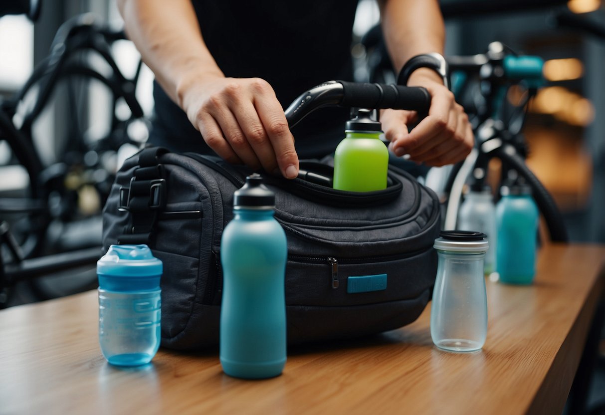 A cyclist places reusable water bottles in a bike-mounted holder, surrounded by other eco-friendly items