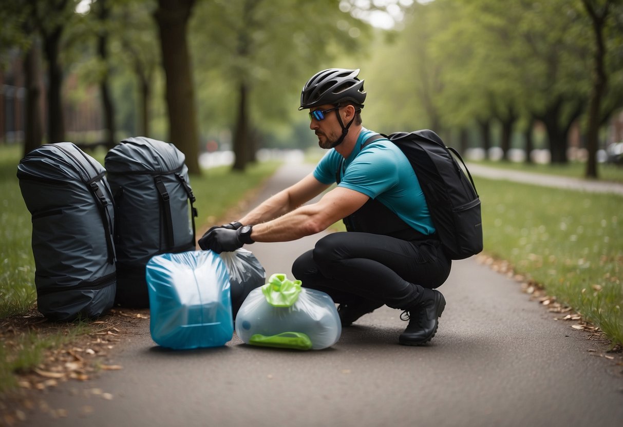 A cyclist placing reusable containers in a backpack, surrounded by lightweight, eco-friendly waste management items