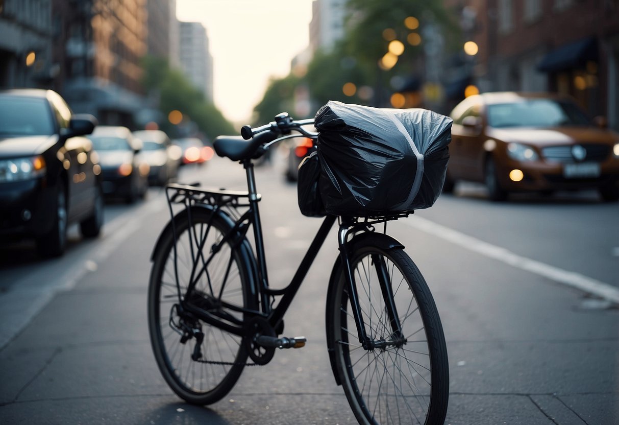 Bike with attached garbage bags, riding on city streets