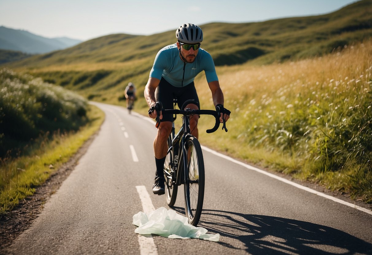 A cyclist using biodegradable products, recycling, and minimizing waste while biking through a scenic natural environment