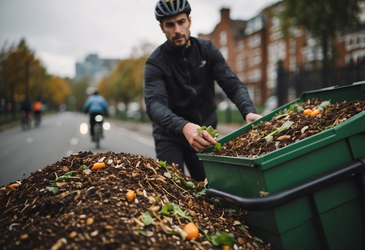 A cyclist tosses organic waste into a compost bin while following 7 tips for managing waste while biking