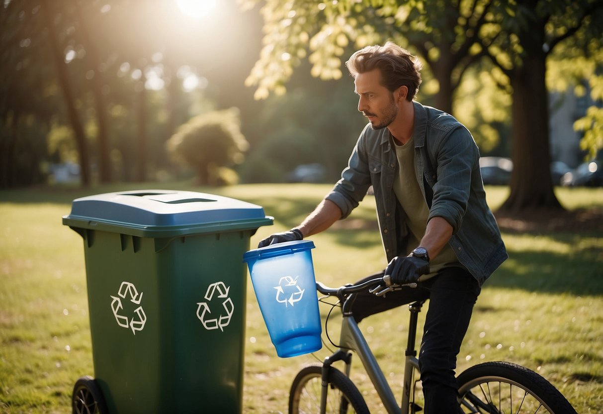 A person on a bike throwing a plastic bottle into a recycling bin, with other bins for different materials nearby. The sun is shining, and there are trees and grass in the background