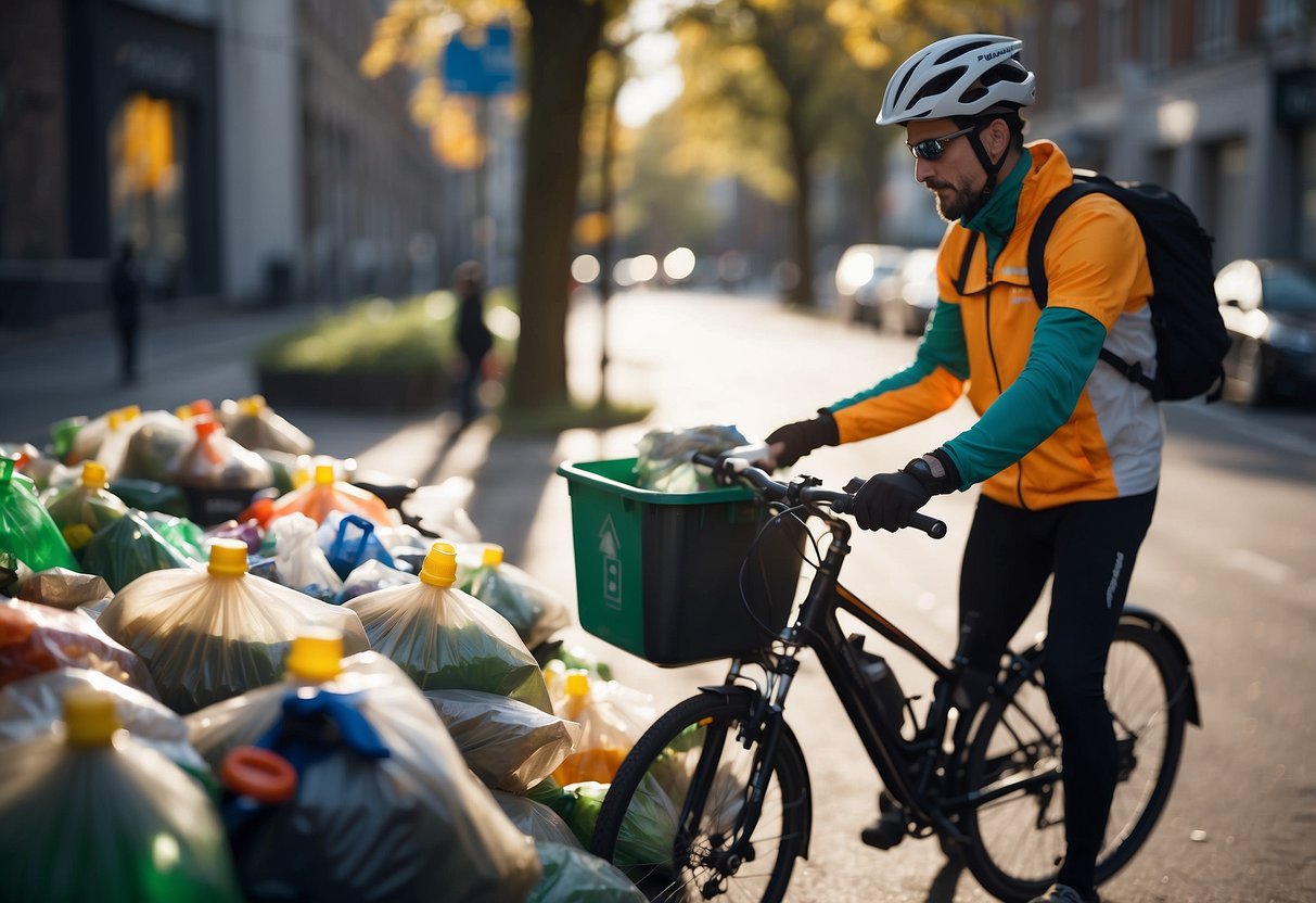 A cyclist tossing a recyclable bottle into a designated bin, surrounded by clear signage and separate compartments for different types of waste