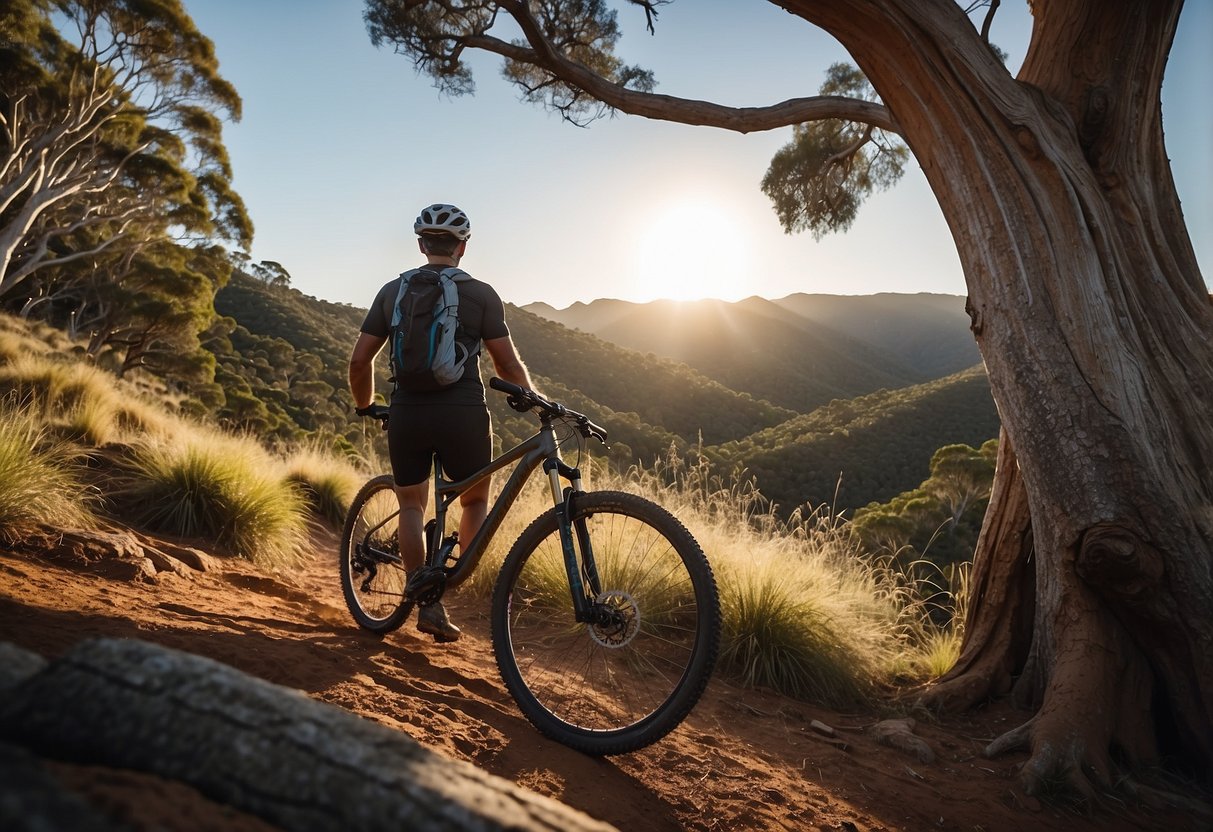 A mountain bike rests against a tree, while a rider adjusts their helmet. In the background, a rugged Australian landscape stretches out, with trails winding through the bush