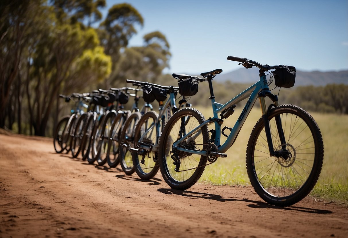 Mountain bikes lined up at scenic Australian destinations with safety signs and best practice guidelines displayed