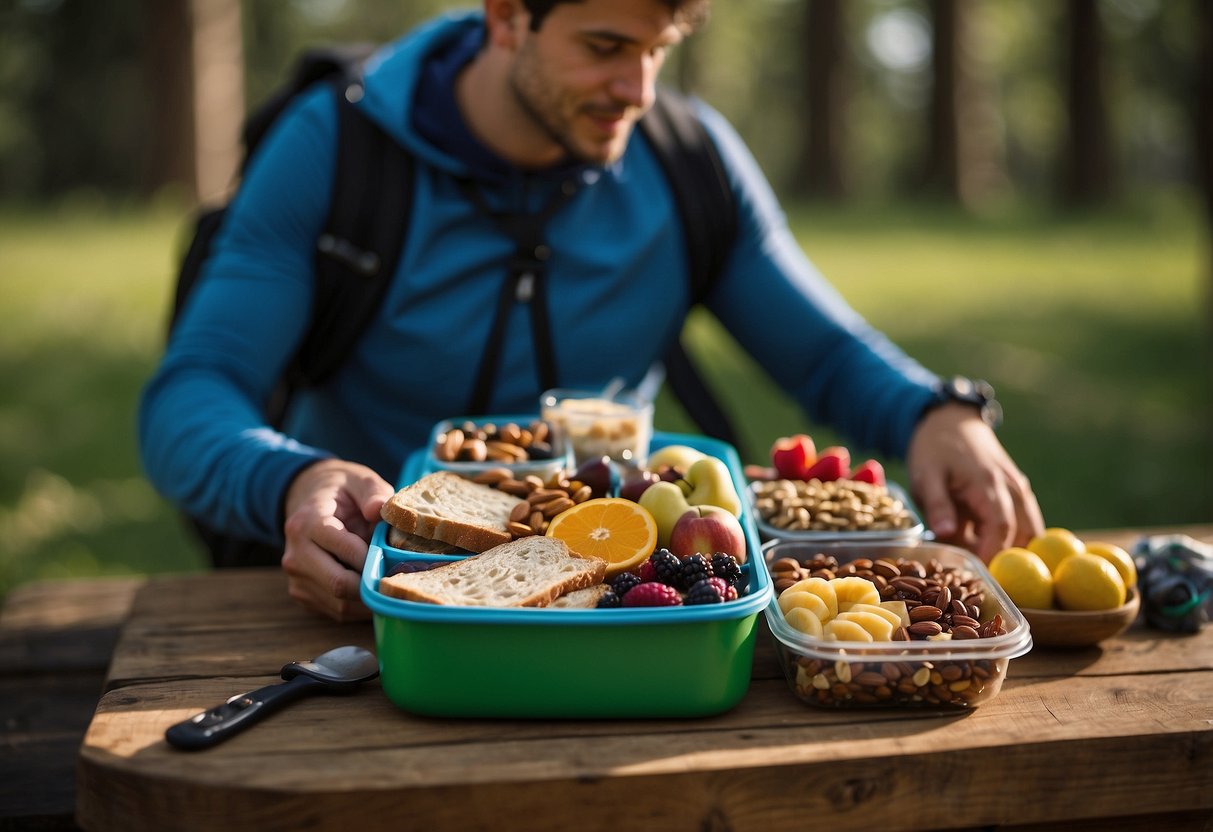 A cyclist unpacks a variety of healthy, easy-to-carry meals from their backpack, including trail mix, energy bars, fruit, and sandwiches