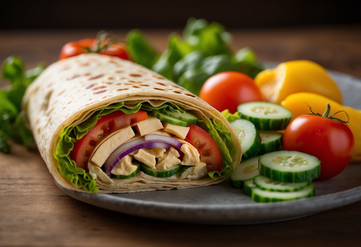 A colorful, open-faced wrap with a generous spread of hummus, topped with fresh, vibrant vegetables like lettuce, tomatoes, cucumbers, and bell peppers