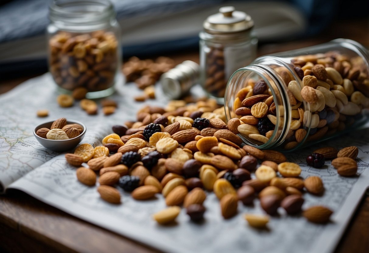 A pile of trail mix with nuts and dried fruits sits next to a water bottle and a map, ready for a biking trip