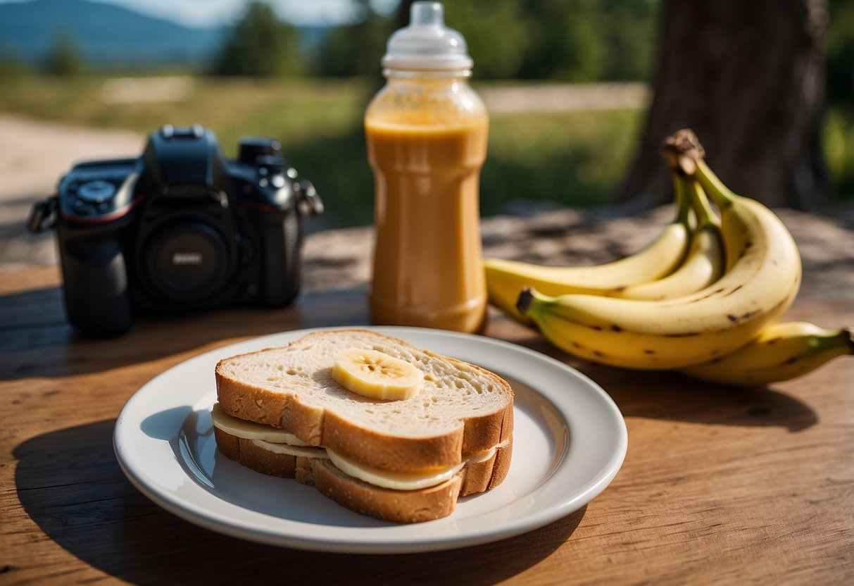 A peanut butter and banana sandwich sits on a plate next to a water bottle and a map, ready for a biking trip