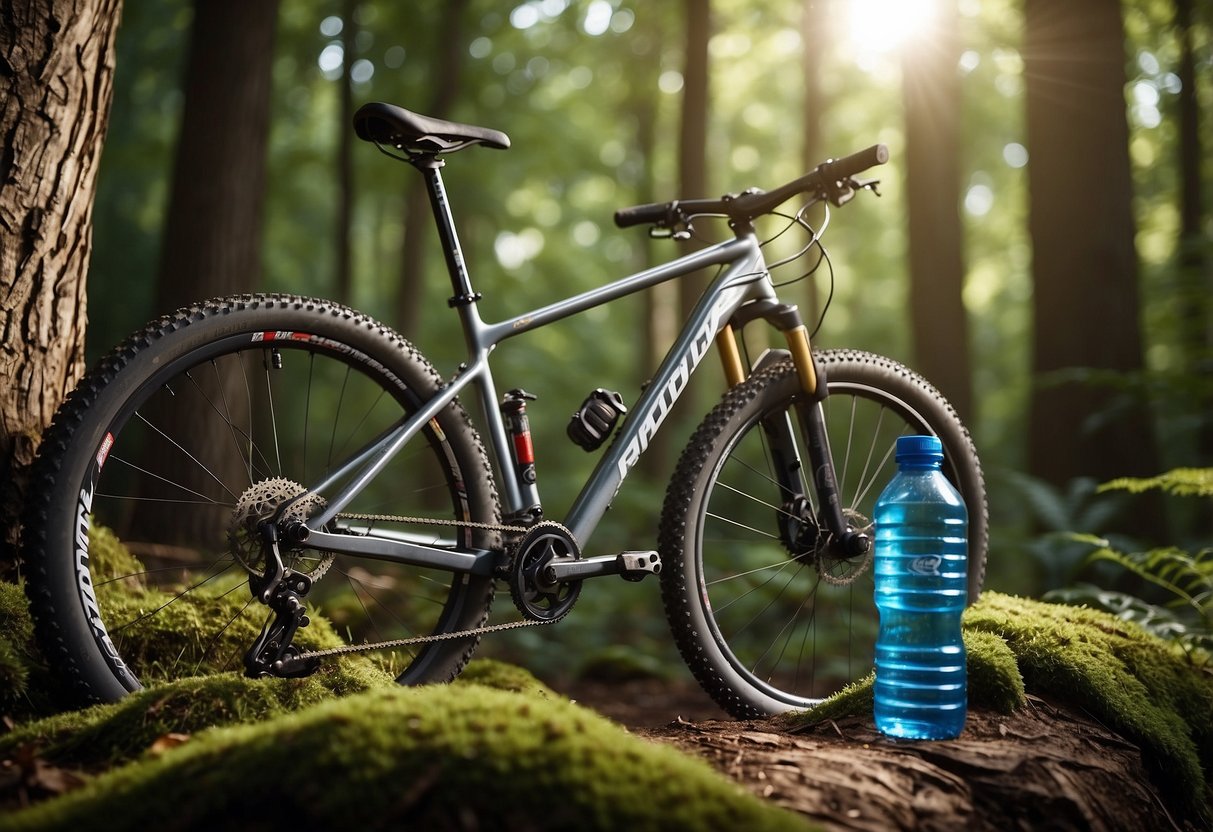 A mountain bike leans against a tree, surrounded by energy bars and a water bottle. The scene is set in a lush forest with sunlight filtering through the leaves