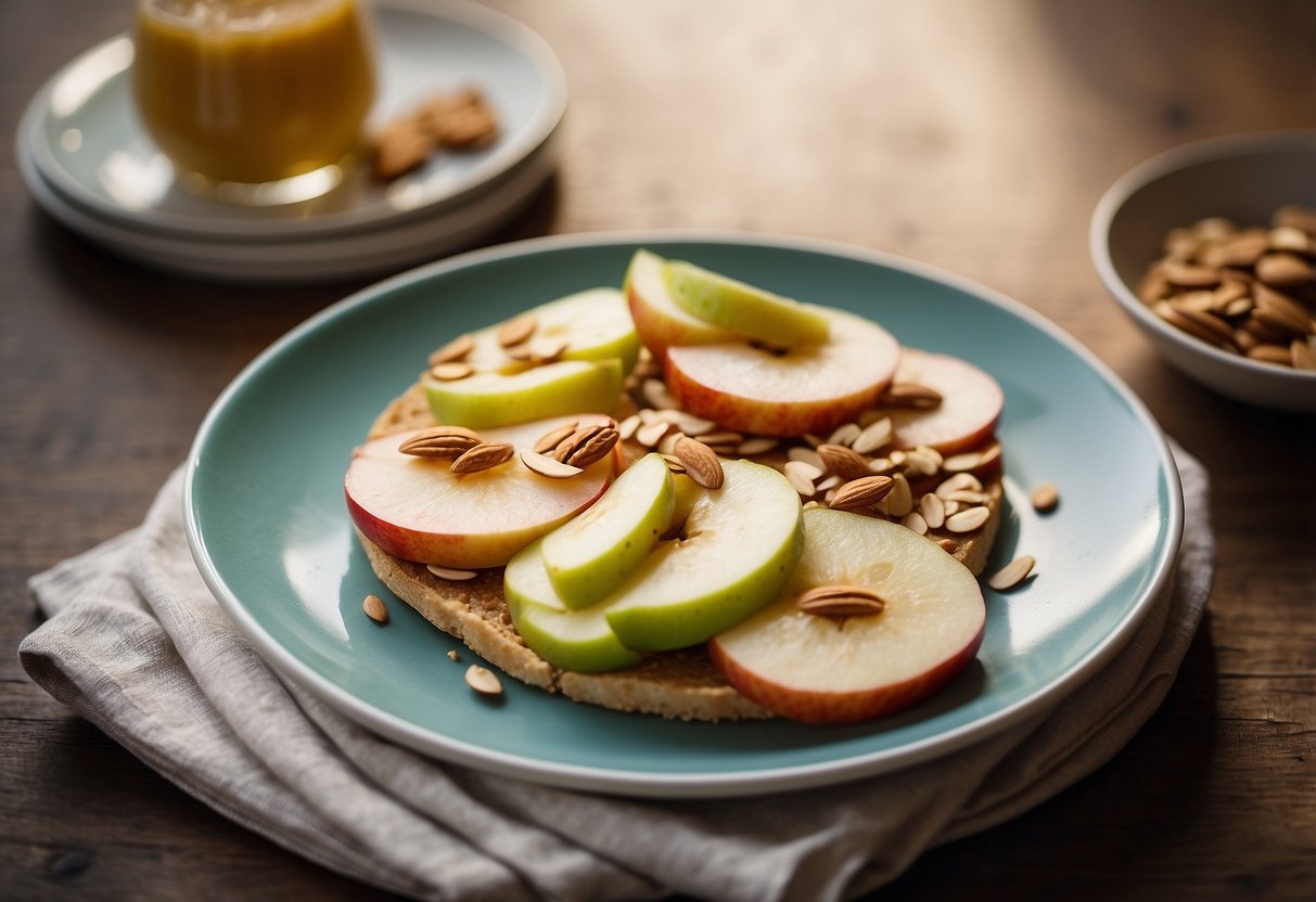 A plate with apple slices and a dollop of almond butter, surrounded by other lightweight and nutritious meal options for biking trips